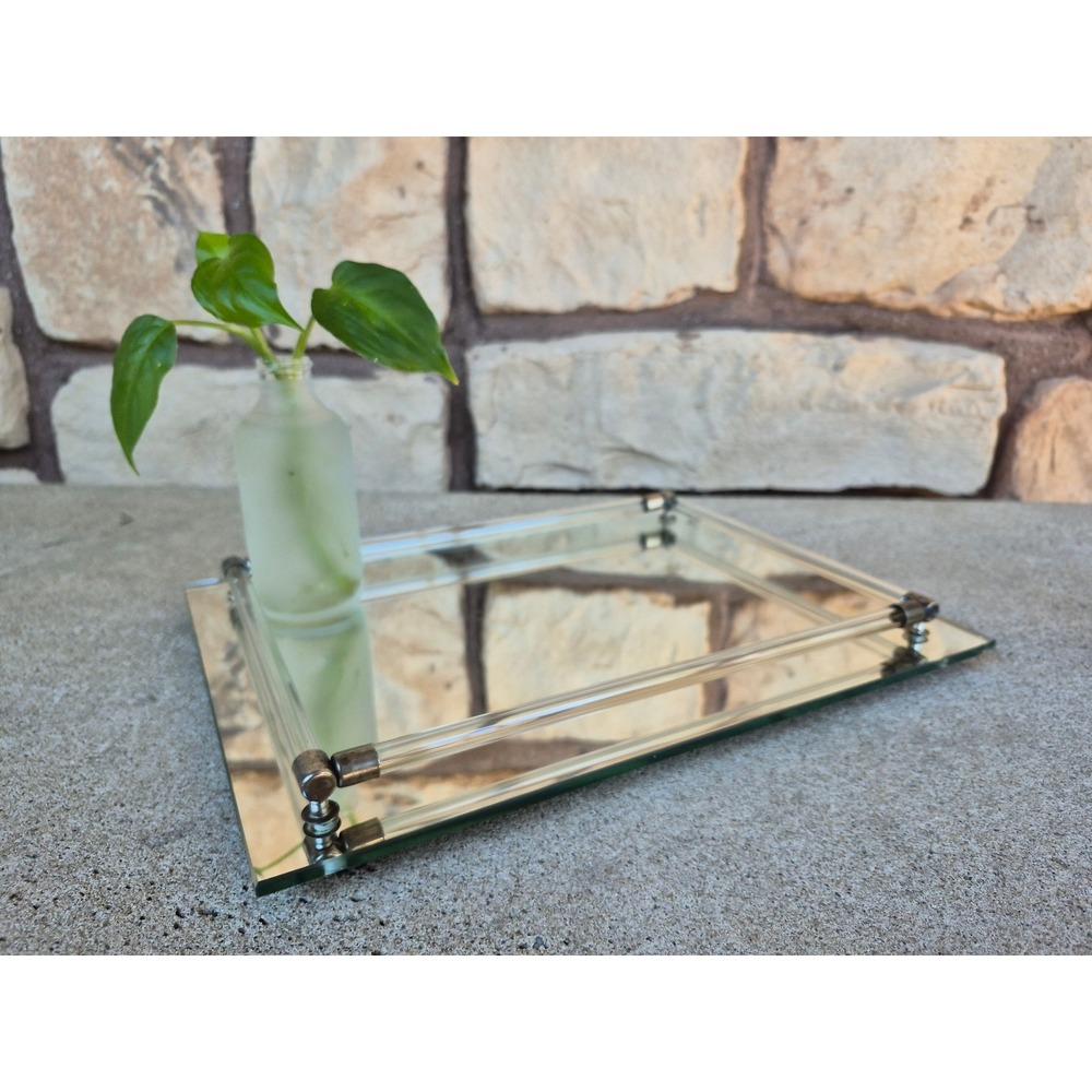 Vintage‎ Perfume Hollywood Regency Mirrored Vanity Tray Glass Rod Gallery 9x12